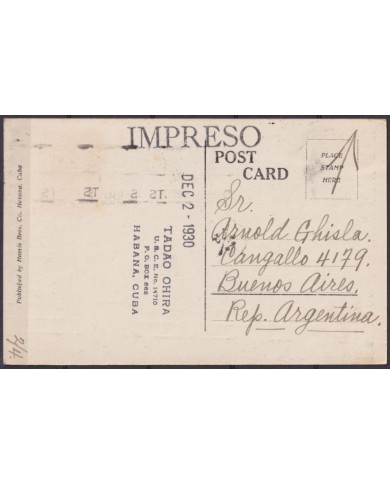POS-1929 CUBA POSTCARD 1930 1c MIRAMAR PARK TO ARGENTINA.
