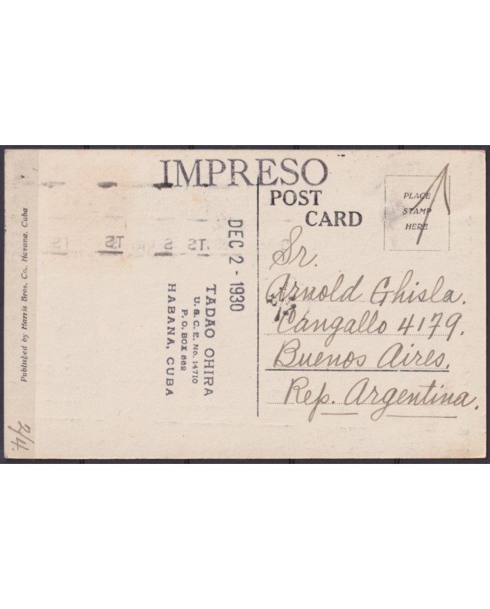 POS-1929 CUBA POSTCARD 1930 1c MIRAMAR PARK TO ARGENTINA.