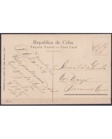 POS-1930 CUBA POSTCARD CIRCA 1920 HAVANA ALBEAR SQUARE TO ARGENTINA.