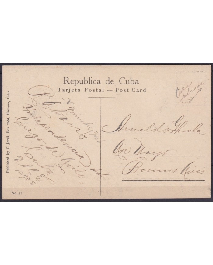 POS-1930 CUBA POSTCARD CIRCA 1920 HAVANA ALBEAR SQUARE TO ARGENTINA.