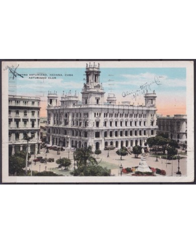 POS-1931 CUBA POSTCARD 1937 HAVANA CENTRO ASTURIANO TO ARGENTINA.