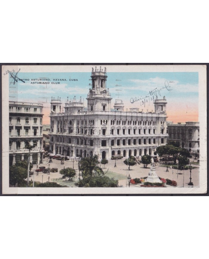 POS-1931 CUBA POSTCARD 1937 HAVANA CENTRO ASTURIANO TO ARGENTINA.