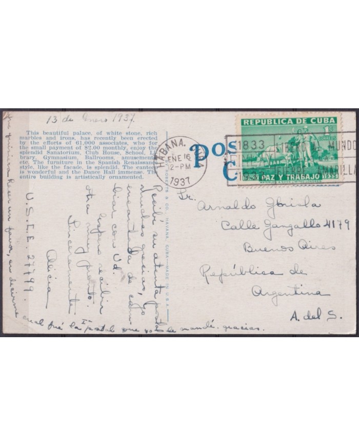 POS-1931 CUBA POSTCARD 1937 HAVANA CENTRO ASTURIANO TO ARGENTINA.