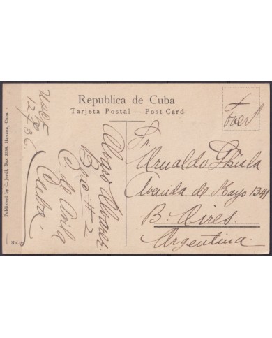 POS-1932 CUBA POSTCARD 1919 HAVANA REINA STREET CHURCH OF JESUS TO ARGENTINA.