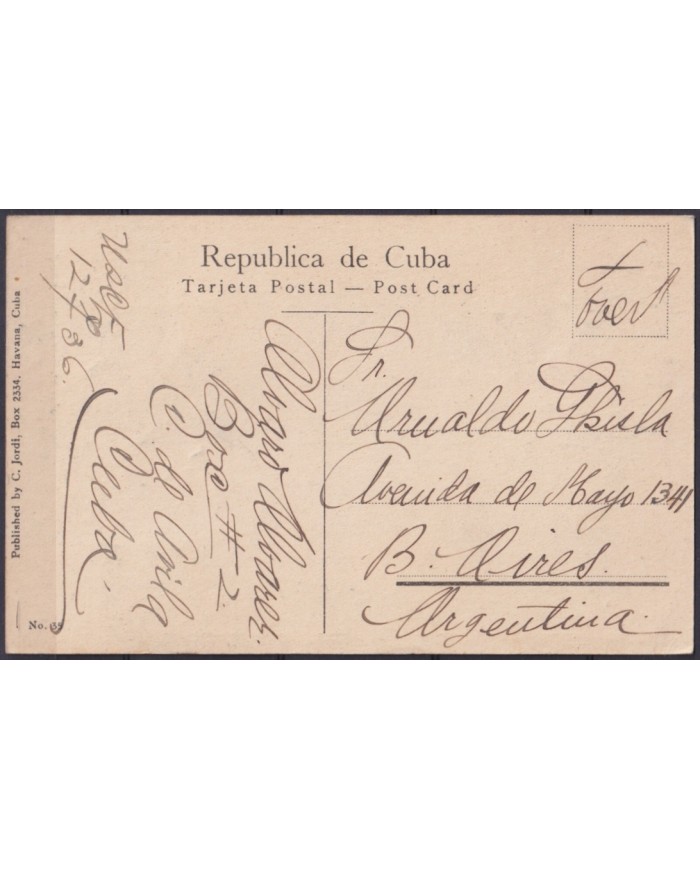 POS-1932 CUBA POSTCARD 1919 HAVANA REINA STREET CHURCH OF JESUS TO ARGENTINA.