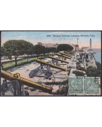 POS-1933 CUBA POSTCARD 1917 1c MAPITAS HAVANA CABAÑAS FORTRESS PARAPET TO ARGENTINA.