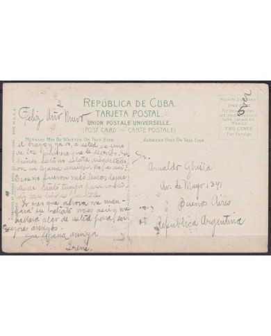 POS-1933 CUBA POSTCARD 1917 1c MAPITAS HAVANA CABAÑAS FORTRESS PARAPET TO ARGENTINA.