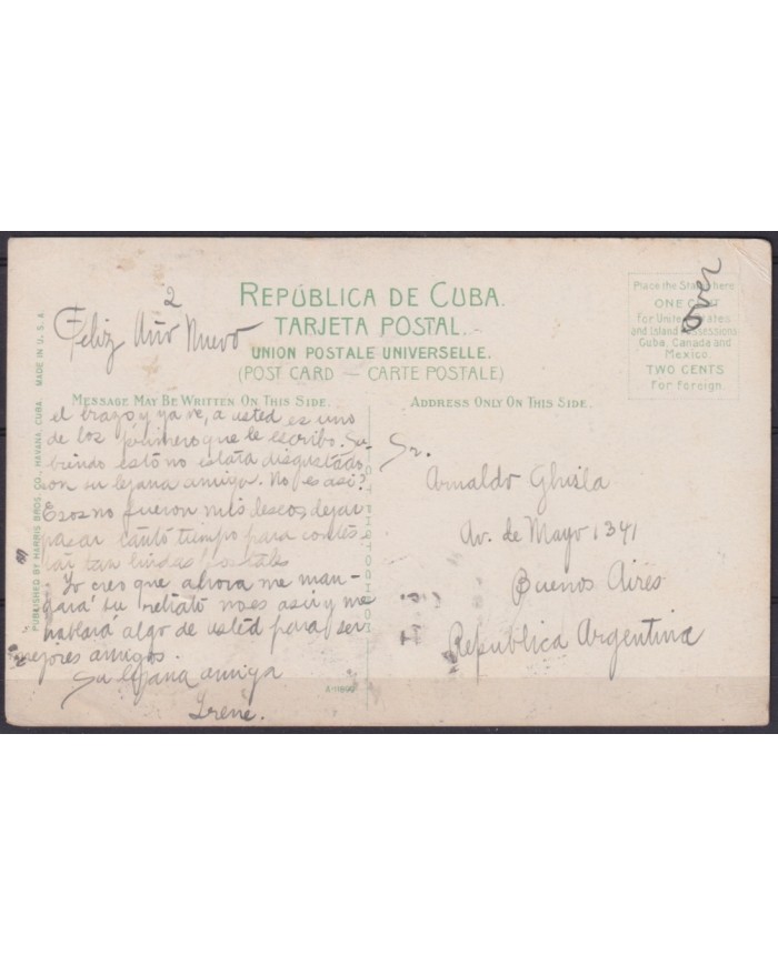 POS-1933 CUBA POSTCARD 1917 1c MAPITAS HAVANA CABAÑAS FORTRESS PARAPET TO ARGENTINA.
