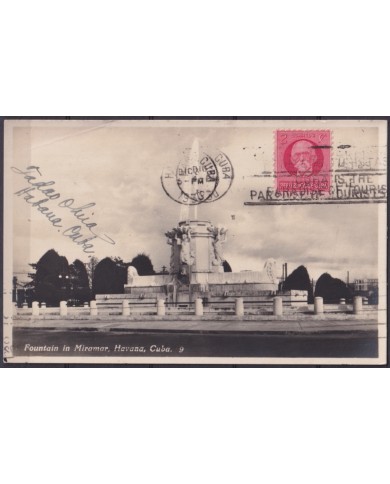 POS-1934 CUBA POSTCARD 1930 HAVANA FOUNTAIN OF MIRAMAR FIVE AVENUE TO ARGENTINA.