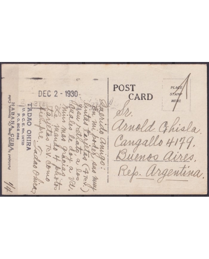 POS-1934 CUBA POSTCARD 1930 HAVANA FOUNTAIN OF MIRAMAR FIVE AVENUE TO ARGENTINA.