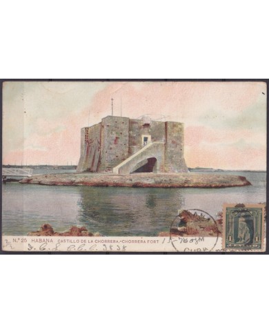 POS-1938 CUBA POSTCARD 1908 HAVANA CASTLE OF CHORRERA FORT TO ARGENTINA.