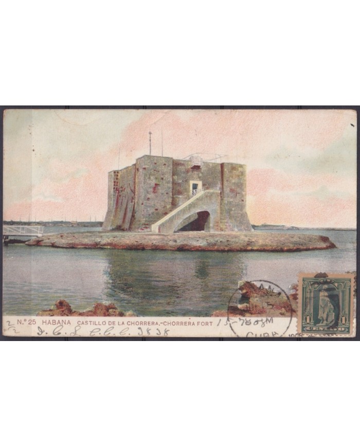 POS-1938 CUBA POSTCARD 1908 HAVANA CASTLE OF CHORRERA FORT TO ARGENTINA.