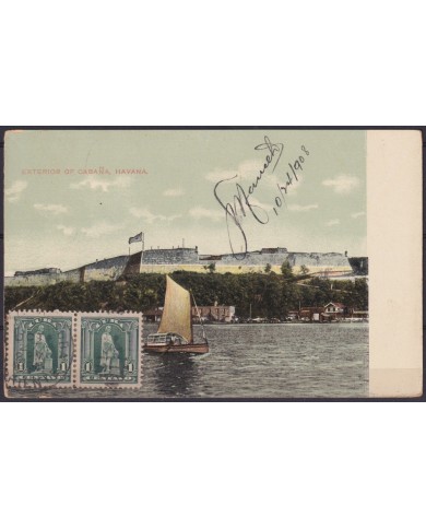 POS-1939 CUBA POSTCARD 1908 HAVANA CABAÑA FORTRESS SHIP IN HARBOR TO ARGENTINA.