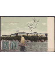 POS-1939 CUBA POSTCARD 1908 HAVANA CABAÑA FORTRESS SHIP IN HARBOR TO ARGENTINA.