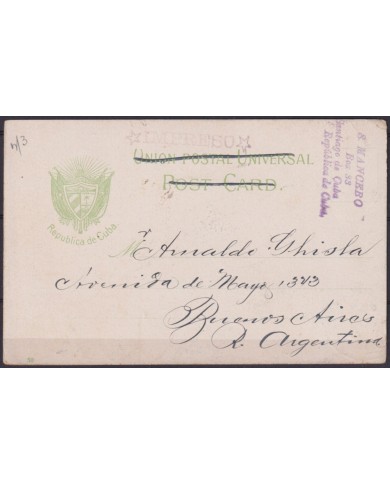 POS-1939 CUBA POSTCARD 1908 HAVANA CABAÑA FORTRESS SHIP IN HARBOR TO ARGENTINA.