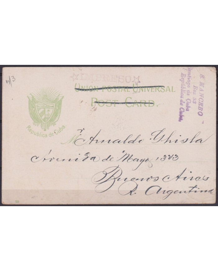 POS-1939 CUBA POSTCARD 1908 HAVANA CABAÑA FORTRESS SHIP IN HARBOR TO ARGENTINA.