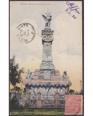 POS-1940 CUBA POSTCARD 1916 2c MAPITAS HAVANA FIREMAN MONUMENT CEMENTERY OF COLUMBUS TO ARGENTINA.