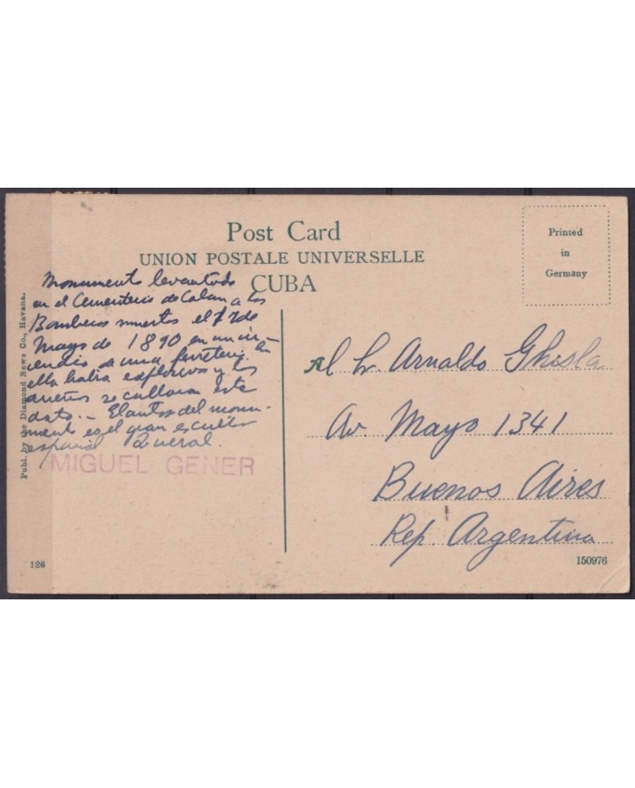 POS-1940 CUBA POSTCARD 1916 2c MAPITAS HAVANA FIREMAN MONUMENT CEMENTERY OF COLUMBUS TO ARGENTINA.