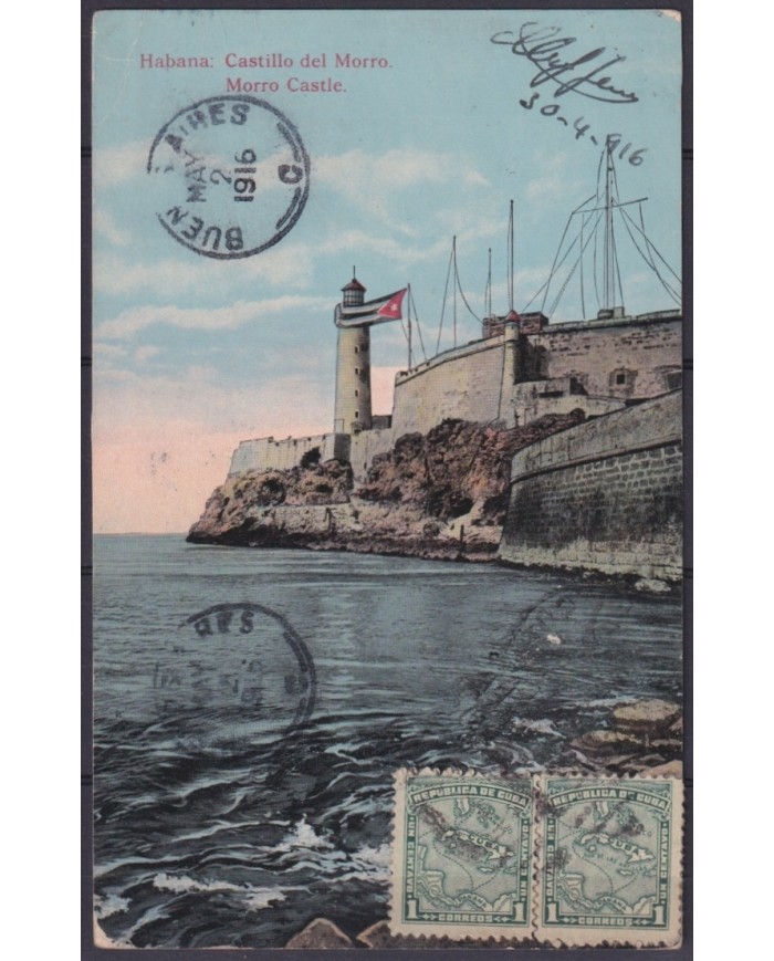POS-1941 CUBA POSTCARD 1916 1c MAPITAS HAVANA MORRO CASTLE FORTRESS TO ARGENTINA.