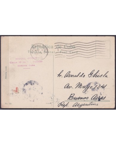 POS-1941 CUBA POSTCARD 1916 1c MAPITAS HAVANA MORRO CASTLE FORTRESS TO ARGENTINA.