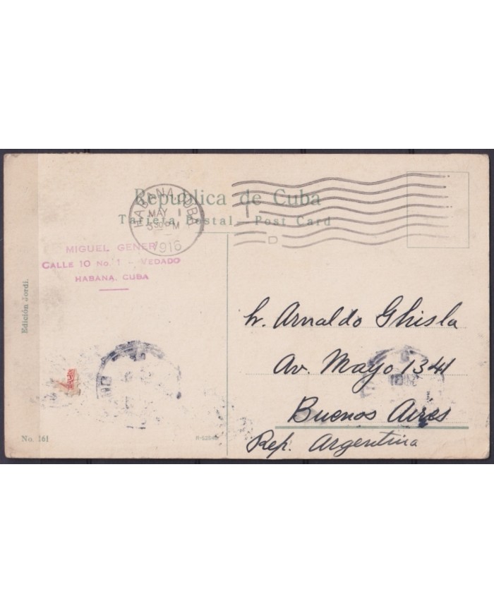 POS-1941 CUBA POSTCARD 1916 1c MAPITAS HAVANA MORRO CASTLE FORTRESS TO ARGENTINA.