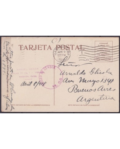 POS-1943 CUBA POSTCARD 1918 CENSORSHIP SANTIAGO DE CUBA EL VISO FORT TO ARGENTINA.