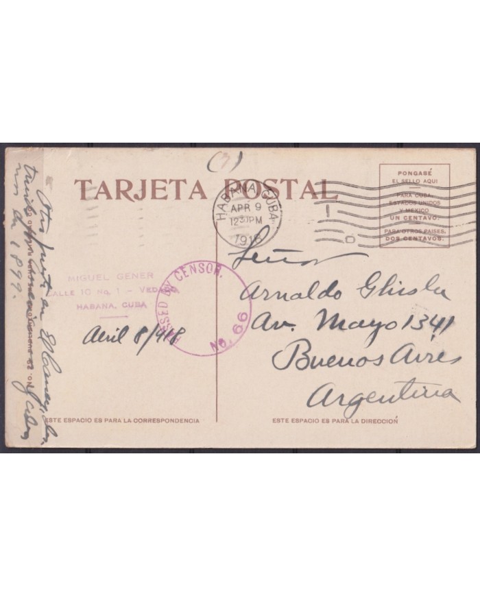 POS-1943 CUBA POSTCARD 1918 CENSORSHIP SANTIAGO DE CUBA EL VISO FORT TO ARGENTINA.