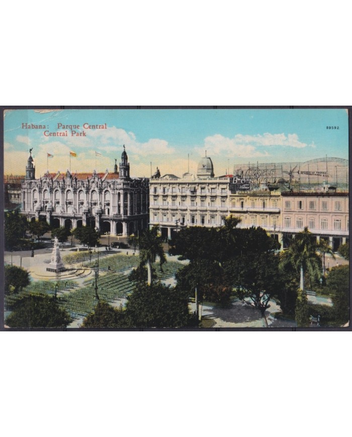 POS-1944 CUBA POSTCARD 1929 HAVANA CENTRAL PARK GUANTANAMO TO ARGENTINA.