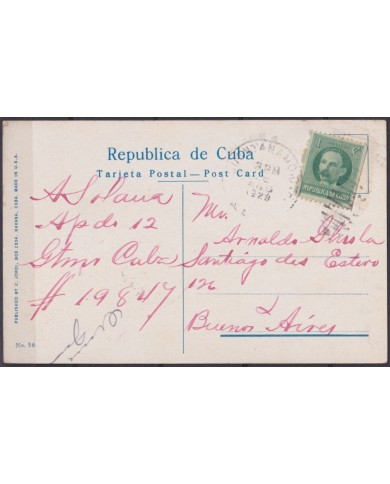 POS-1944 CUBA POSTCARD 1929 HAVANA CENTRAL PARK GUANTANAMO TO ARGENTINA.