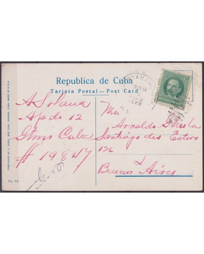 POS-1944 CUBA POSTCARD 1929 HAVANA CENTRAL PARK GUANTANAMO TO ARGENTINA.