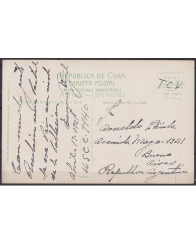 POS-1945 CUBA POSTCARD 1921 HAVANA EL ANGEL CHURCH CAMAJUANI TO ARGENTINA.