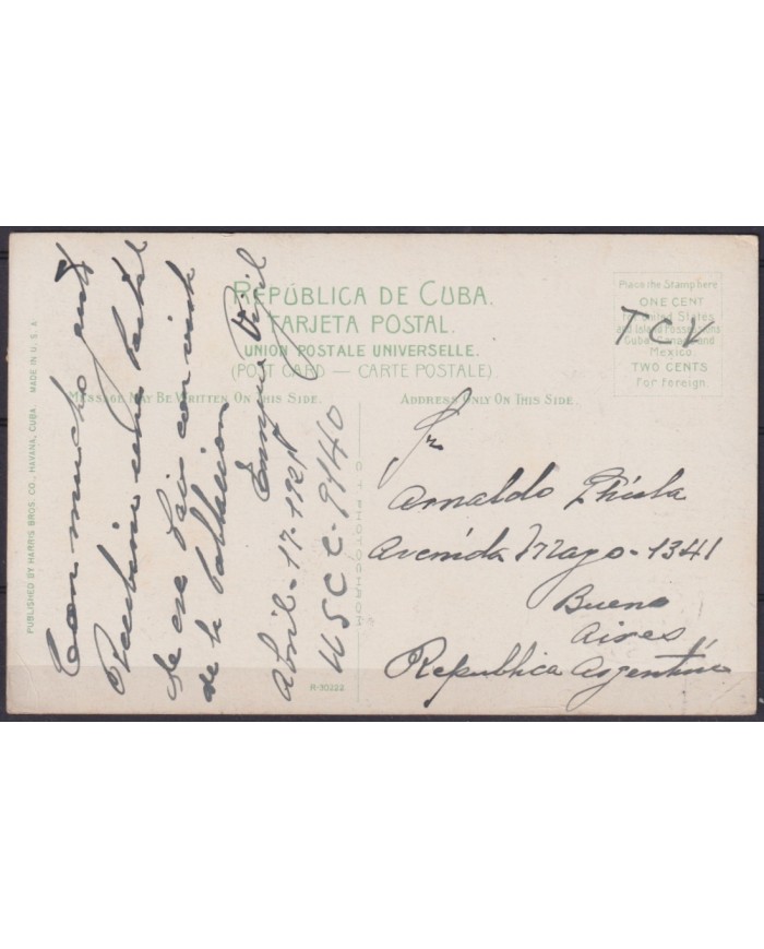 POS-1945 CUBA POSTCARD 1921 HAVANA EL ANGEL CHURCH CAMAJUANI TO ARGENTINA.