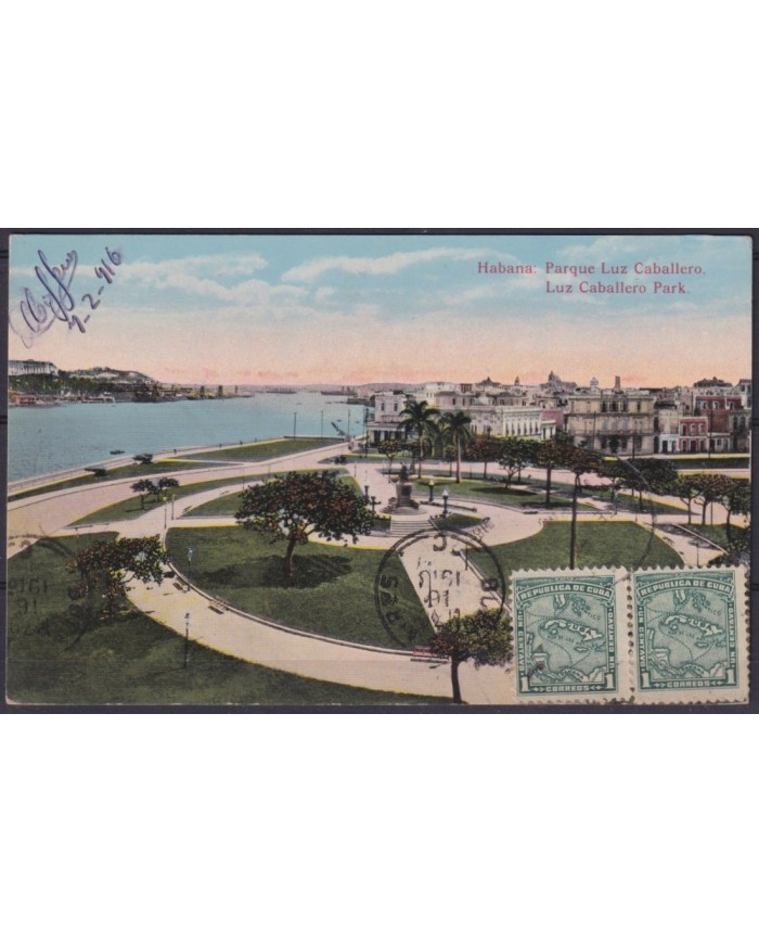 POS-1948 CUBA POSTCARD 1916 1c MAPITAS HAVANA LUZ CABALLERO PARK MALECON TO ARGENTINA.