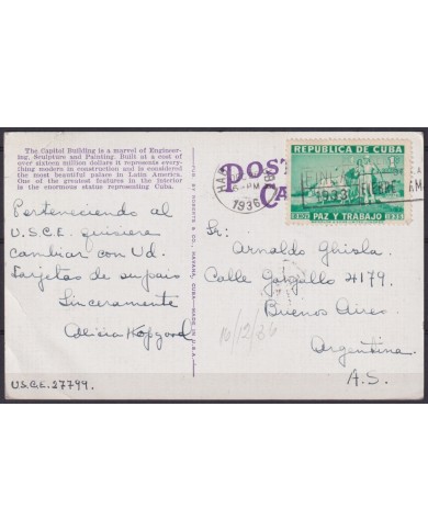 POS-1949 CUBA POSTCARD 1936 HAVANA NATIONAL CAPITOL VIEW TO ARGENTINA.