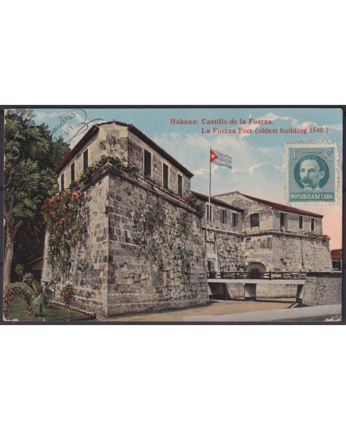 POS-1950 CUBA POSTCARD 1919 HAVANA LA FUERZA CASTLE FORTRESS TO ARGENTINA.
