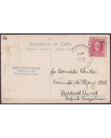 POS-1950 CUBA POSTCARD 1919 HAVANA LA FUERZA CASTLE FORTRESS TO ARGENTINA.
