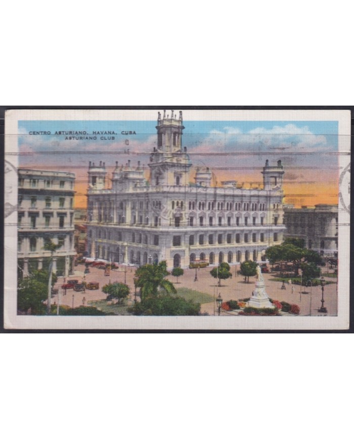 POS-1952 CUBA POSTCARD 1937 HAVANA CENTRO ASTURIANO TO ARGENTINA.