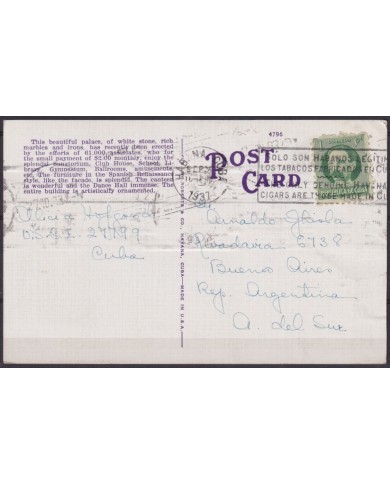 POS-1952 CUBA POSTCARD 1937 HAVANA CENTRO ASTURIANO TO ARGENTINA.