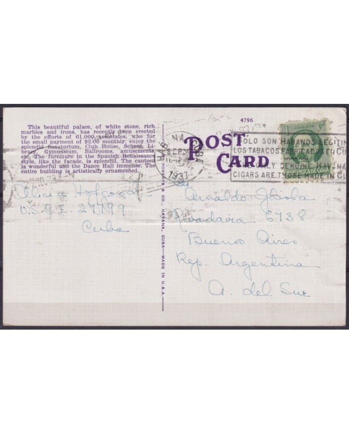 POS-1952 CUBA POSTCARD 1937 HAVANA CENTRO ASTURIANO TO ARGENTINA.