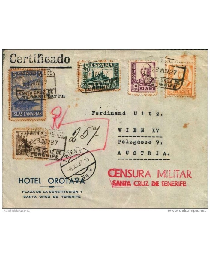 F-EX583 SPAIN ESPAÑA HOTEL OROTAVA. TENERIFE CANARIAS. AUSTRIA. CENSORSHIP