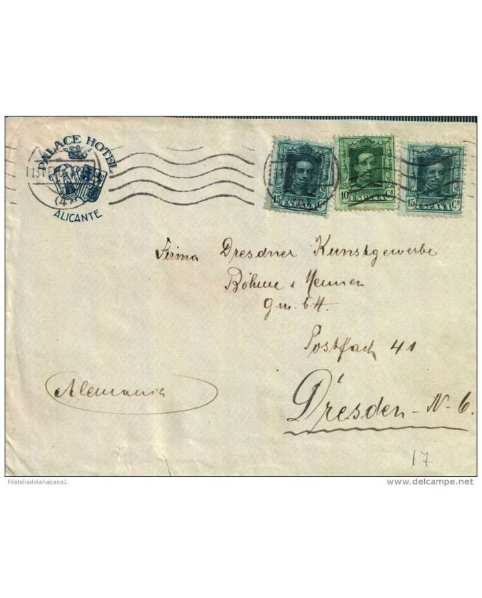 F-EX 584 SPAIN ESPAÑA OLD  COVER HOTEL PALACE ALICANTE TO GERMANY 1919