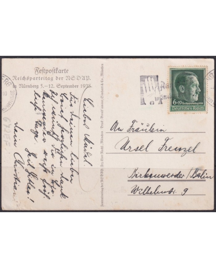 F-EX66965 GERMANY 1938 NURENBERG PARTY MEETENG ILLUSTRATED POSTCARD.