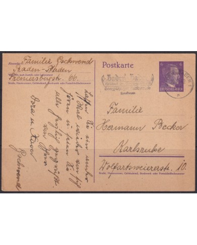 F-EX65450 GERMANY 1942 POSTAL STATIONERY BADEN TO KARLSRUBE USED.