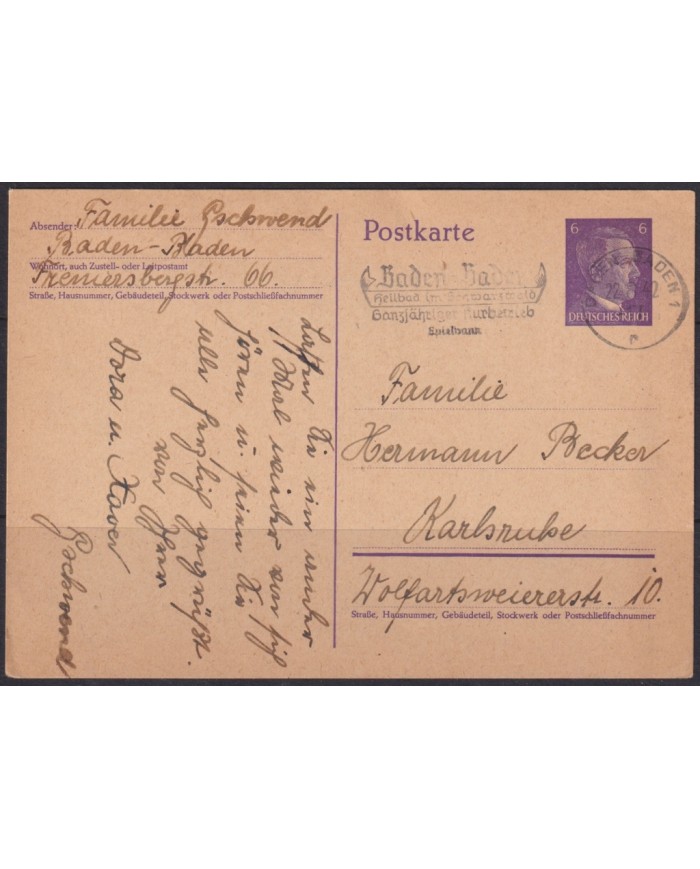 F-EX65450 GERMANY 1942 POSTAL STATIONERY BADEN TO KARLSRUBE USED.