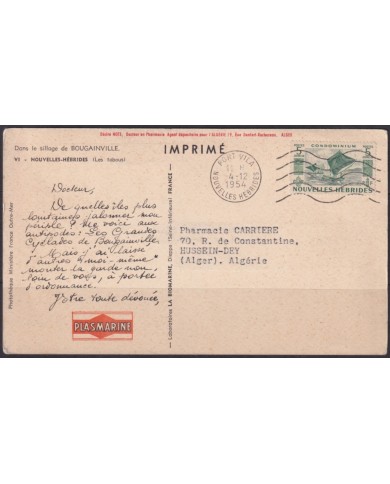 F-EX66580 NEW HEBRIDES 1954 POSTCARD PASMARINE MEDICINE TO ALGERIE ALGERIA.