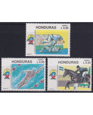 F-EX59514 HONDURAS MNH 1991 PANAMERICAN GAMES JUDO SWIMMING EQUESTRIAN.