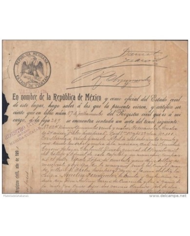 E1285 MEXICO REVENUE LOCAL PAPER SEALLED 1891. MERIDA. ESTADO DE YUCATAN