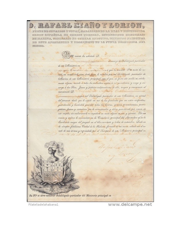 E4498 ESPAÑA SPAIN COAST OF ARMS. FAMILY RIAÑO Y LORION  DOC 1850. MADRID