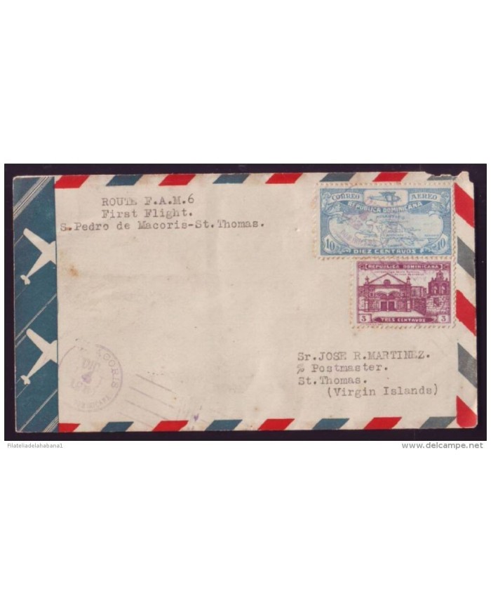*F-EX.782  REP DOMINICANA SANTO DOMINGO 1931 FIRTS FLIGHT virgin is SAINT THOMAS