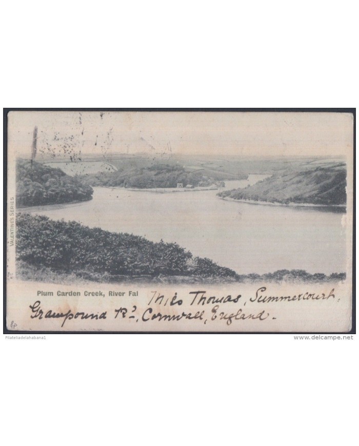 F-EX.1761 UK PLUM GARDEN CREEK, RIVER FAL POSTCARD TO SPAIN POSTAGE DUE. 1903